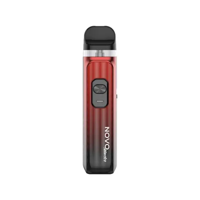 Red and black electronic vaping device with a display window and button.