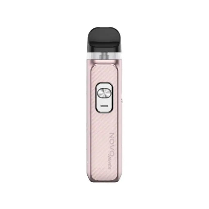 Pink electronic vaping device with a display screen and black mouthpiece.