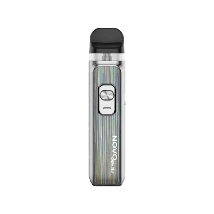 Sleek electronic vaping device with a metallic body and digital display.