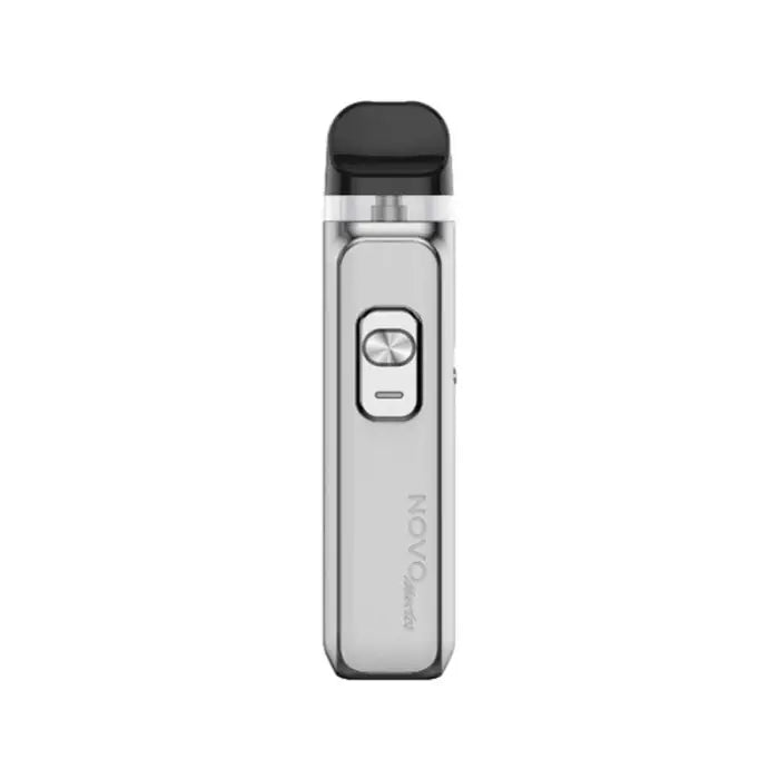 Sleek silver electronic vaping device with a black mouthpiece and control buttons.