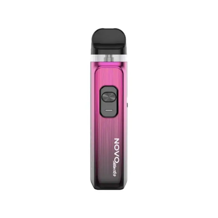 Pink and black electronic vaping device with a transparent mouthpiece and ’NOVO’ branding.