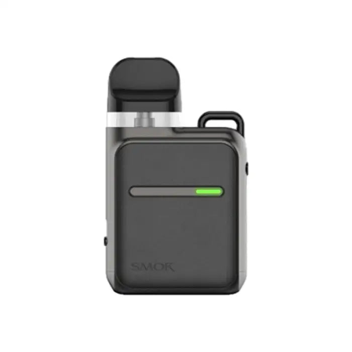 Compact, rectangular vaping device with a green indicator light.