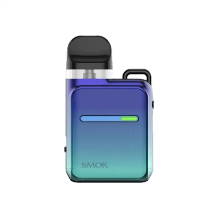 Compact electronic vaping device with a blue-green gradient body and illuminated strip.