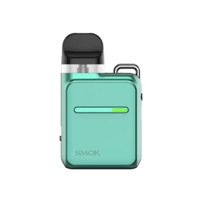 Teal-colored electronic vaping device with a black mouthpiece and small viewing window.