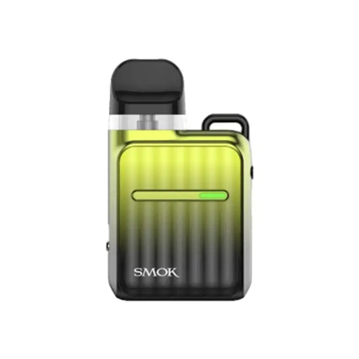 Compact electronic vaping device with a gradient yellow-to-black body and ’SMOK’ branding.