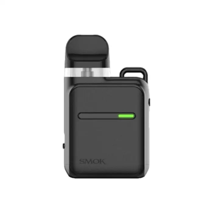 Compact black electronic vaping device with a silver band and green indicator light.