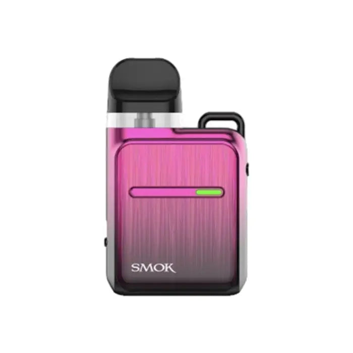 Compact electronic vaping device with a pink-to-purple gradient body and a small display window.