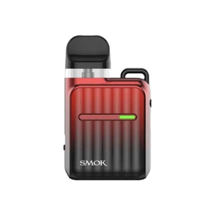 Compact electronic vaping device with a red and black gradient body and small display window.