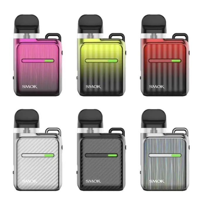 Colorful electronic vaping devices or pod systems in various metallic finishes.