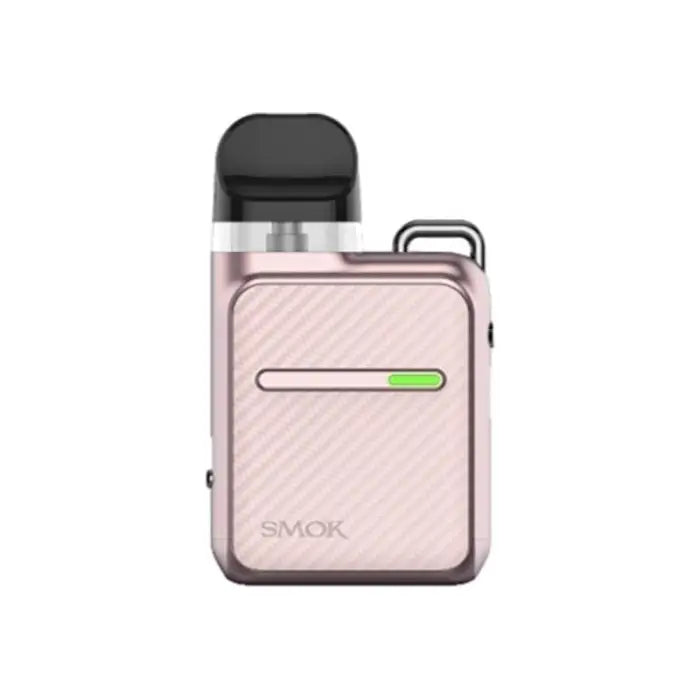 Compact pink electronic vaping device with a black mouthpiece and SMOK branding.