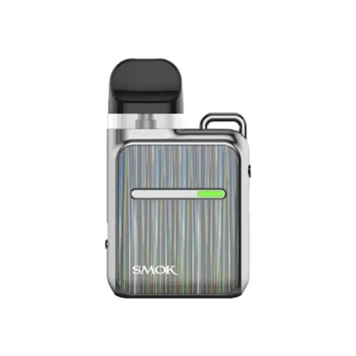 Compact electronic vaping device with a striped metallic finish and ’SMOK’ branding.