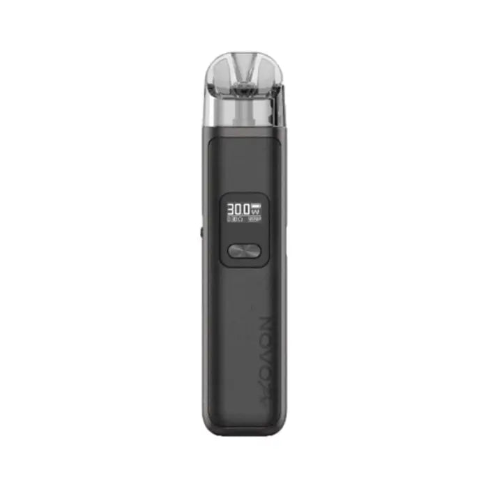 Electronic vaping device with a digital display showing ’300’’ and a transparent mouthpiece.