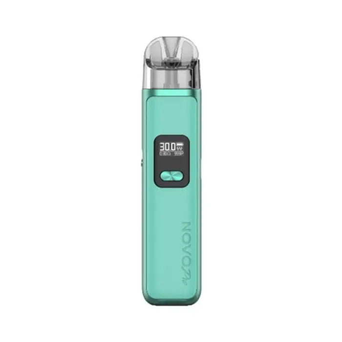 Teal-colored electronic vaping device with a digital display screen.