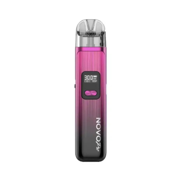 Pink and black electronic vaping device with a digital display.