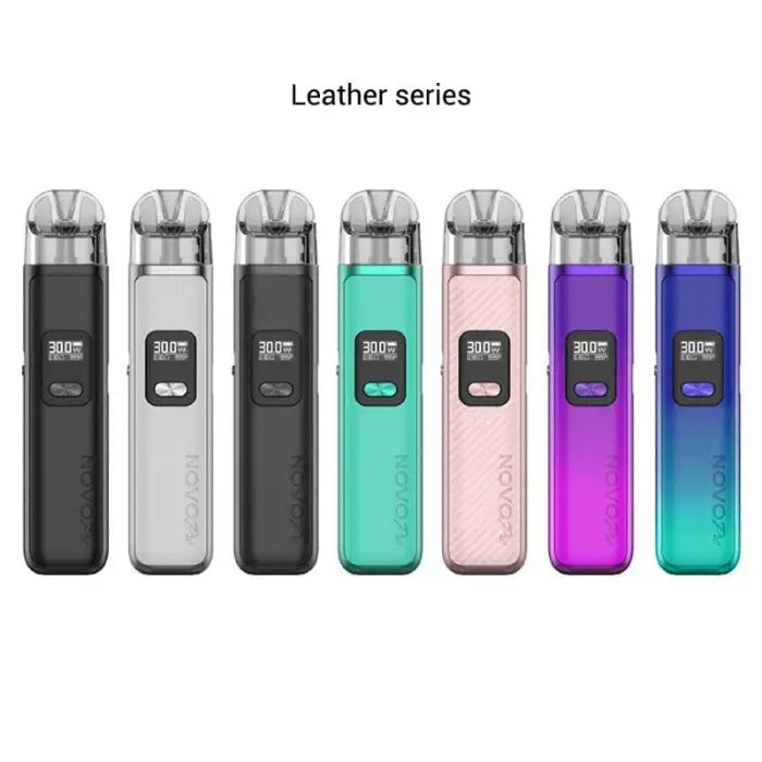 Set of electronic vaping devices in various colors from a ’Leather series’ product line.