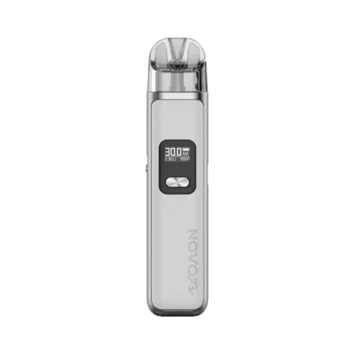 Electronic vaping device with a digital display and transparent mouthpiece.