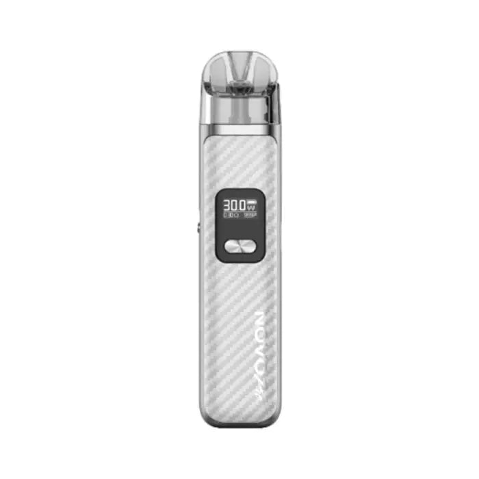 Electronic vaping device with a digital display and textured white body.