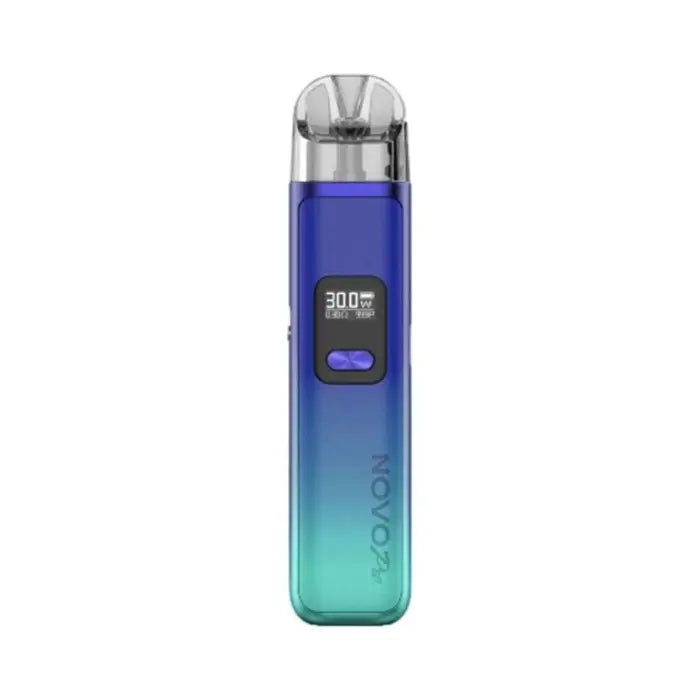 Vape pen with a blue-to-green gradient body and digital display.