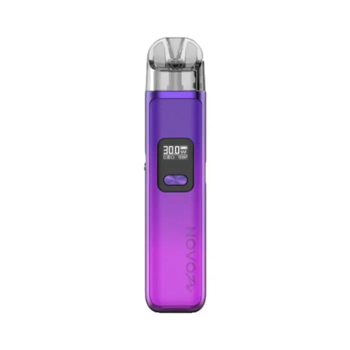 Purple electronic vaping device with a digital display.