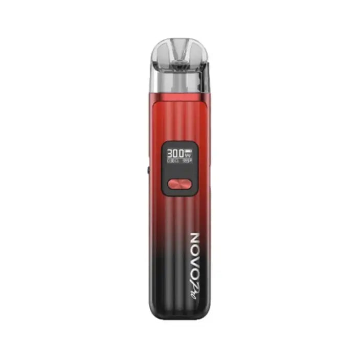 Red and black electronic vaping device with a digital display.