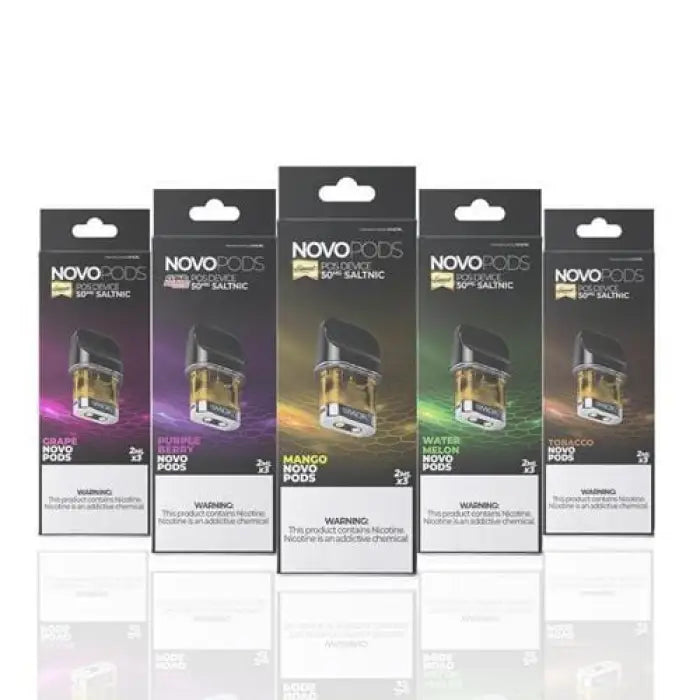 Five boxes of Novo electronic cigarette pods in different colors and flavors.