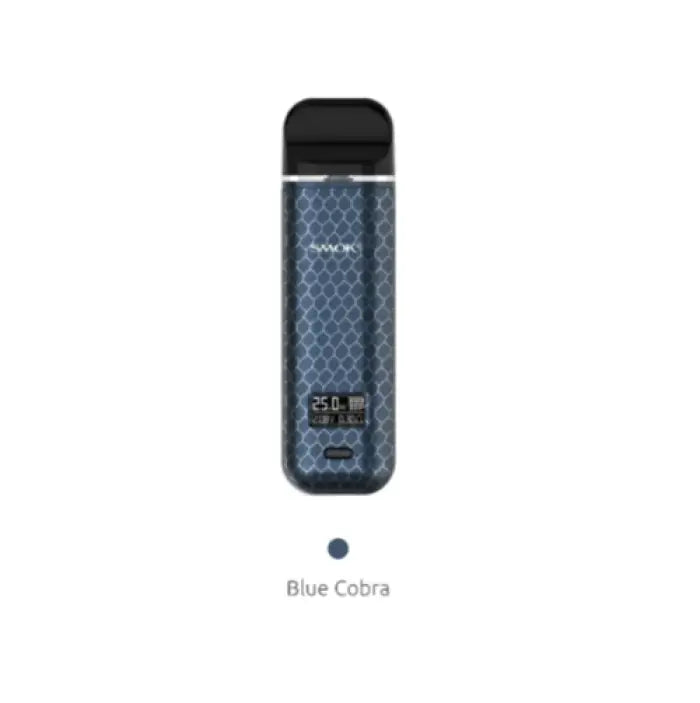 Sleek blue electronic vaping device with a textured pattern and digital display.