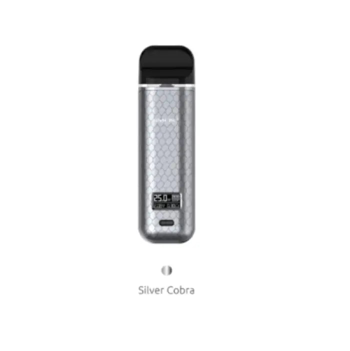 Sleek silver electronic vaping device with a black mouthpiece and digital display.