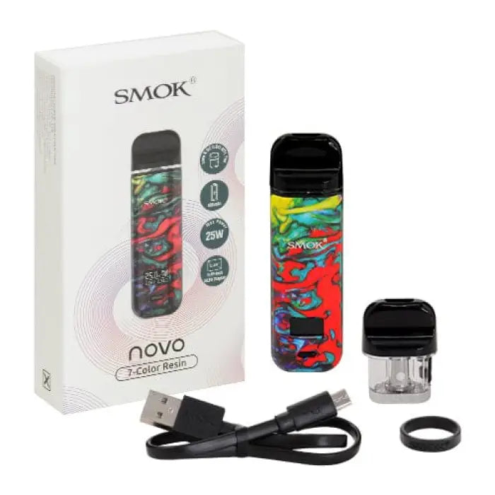 Colorful electronic vaping device with packaging and accessories.