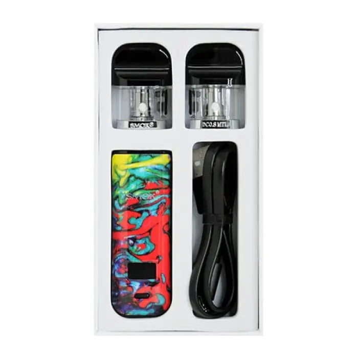 Vaporizer kit with colorful patterned battery and accessories in a display case.