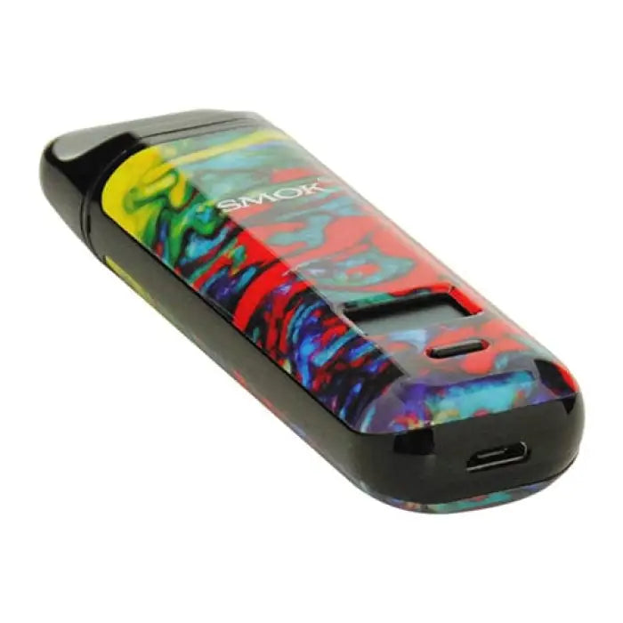 Colorful vape pen or e-cigarette device with a vibrant abstract design.