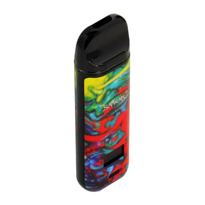 Colorful vape pen or e-cigarette device with a swirled abstract pattern.