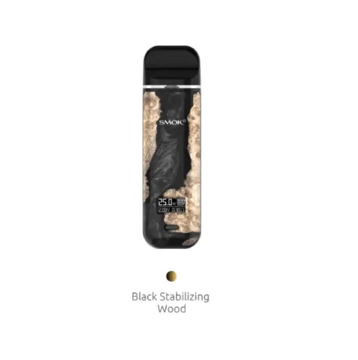 Vape device with a black and wood-patterned design.