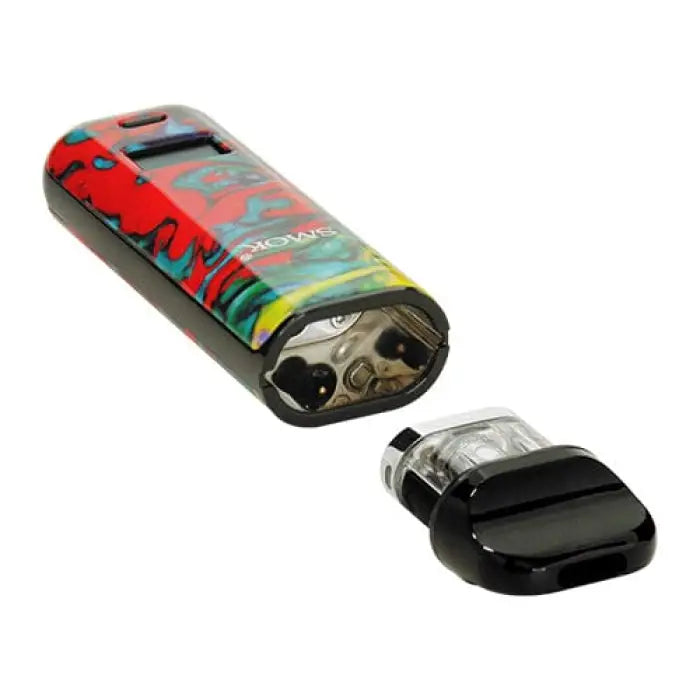 Colorful electronic cigarette or vape device with a detachable mouthpiece.