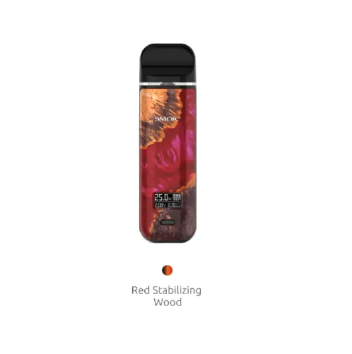 Vape device with a colorful red and orange swirled design on its body.