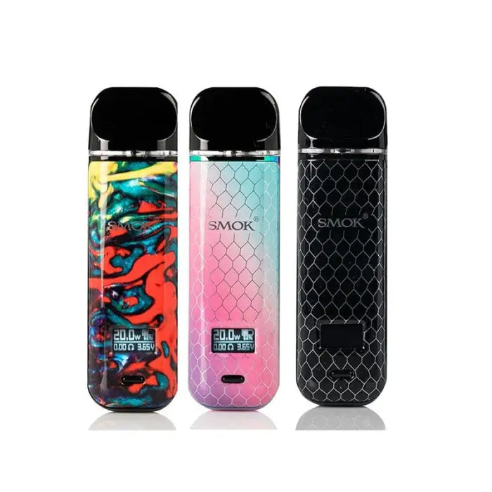 Three electronic vaping devices with different colorful designs and patterns.