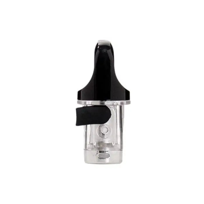 Vaporizer cartridge or e-cigarette tank with a black mouthpiece and clear reservoir.