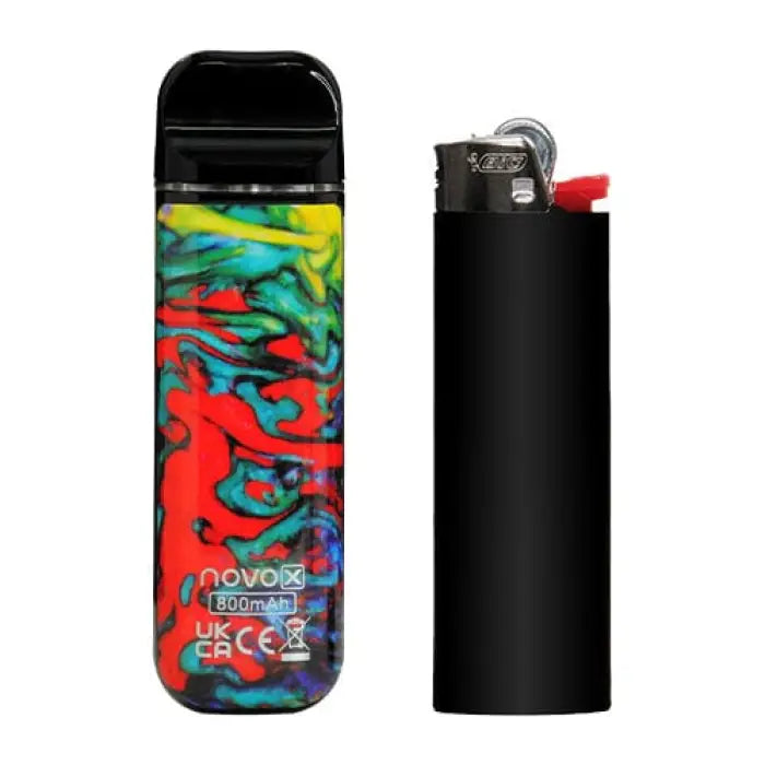 Colorful vape device with abstract swirling pattern next to a plain black lighter.