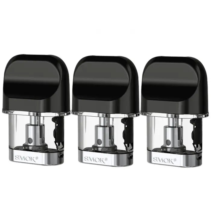 Three identical black and clear vape pods or cartridges labeled ’SMOK’.