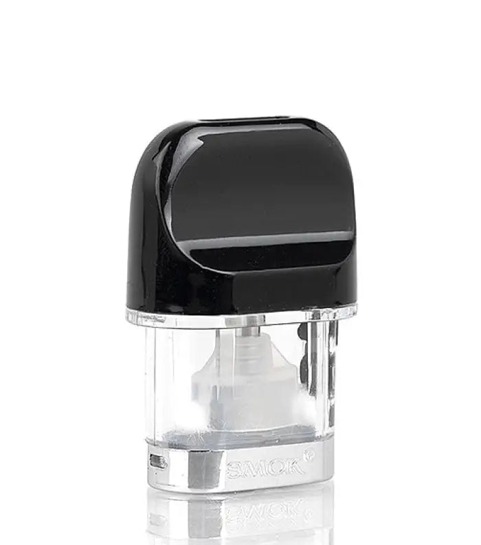 Vape pod or e-cigarette cartridge with a clear base and black top.