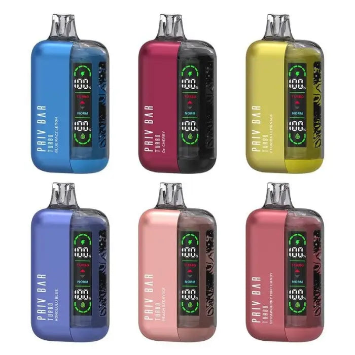 Colorful electronic vaping devices or pod systems in various hues with digital displays.