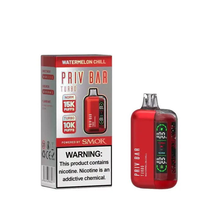 Red electronic vaping device with a digital display and its packaging labeled ’PRIV BAR’ and ’Watermelon Chill’.