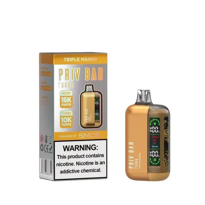 Disposable vape device with gold-colored packaging and a warning label.