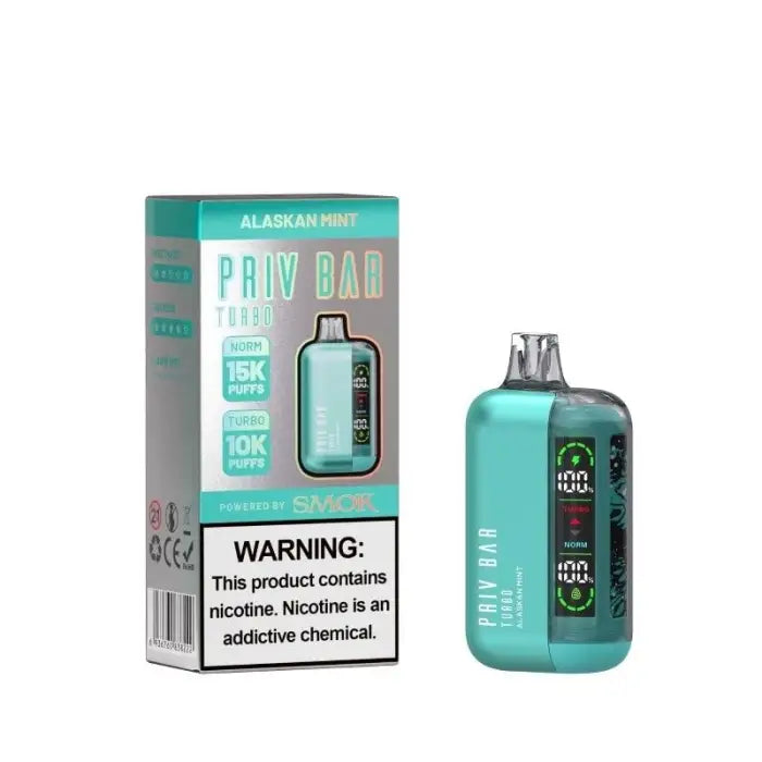 Teal-colored electronic vaping device with its packaging box.