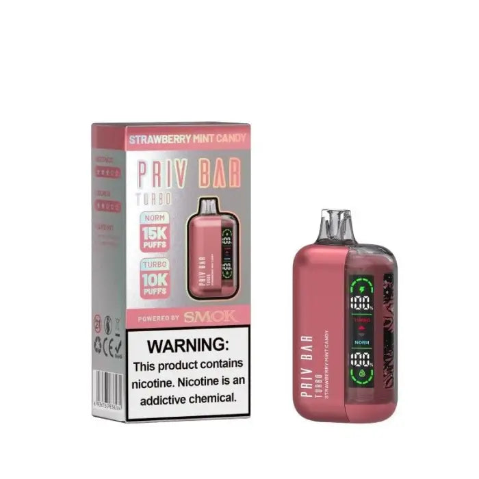 Pink electronic vaping device with its packaging displaying flavor and nicotine warning.