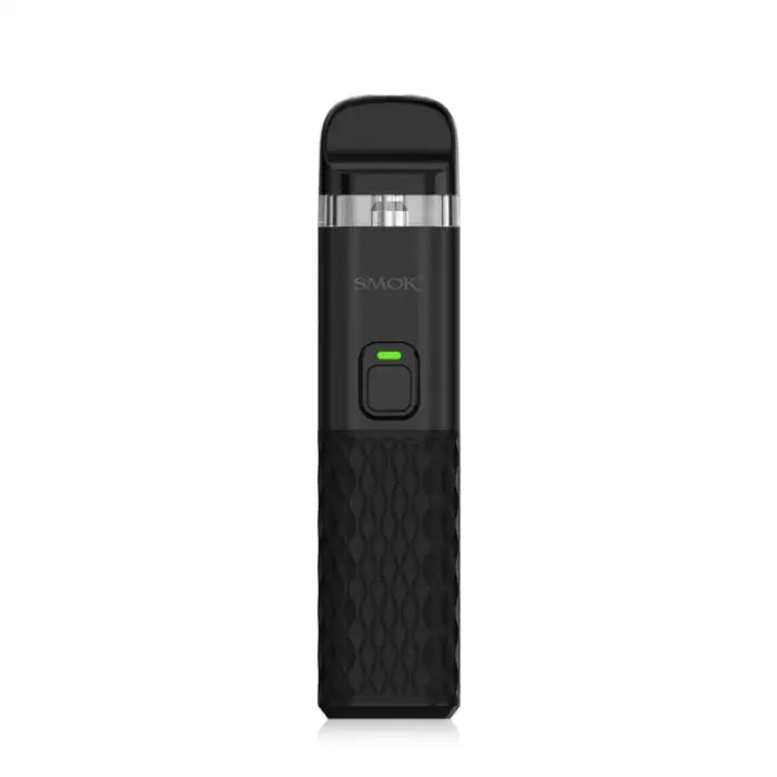 Black electronic vaping device with a clear tank section and a square button.