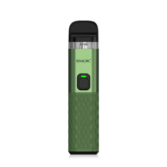 Green electronic vaping device with a display screen and transparent mouthpiece.