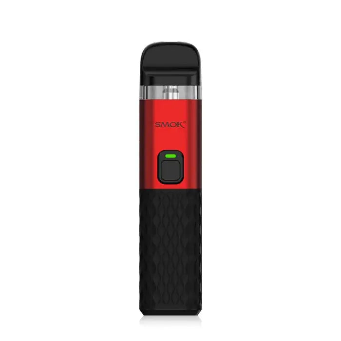 Red and black electronic vaping device with a small display screen.