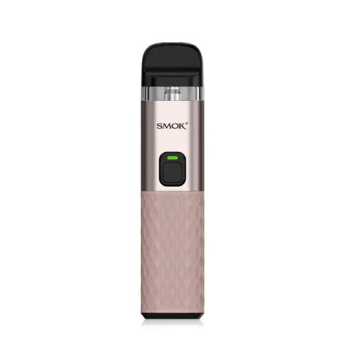 Electronic cigarette or vaping device with a metallic pink body and black mouthpiece.