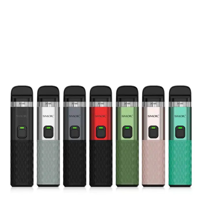 Set of colorful electronic vaping devices or e-cigarettes in various metallic finishes.