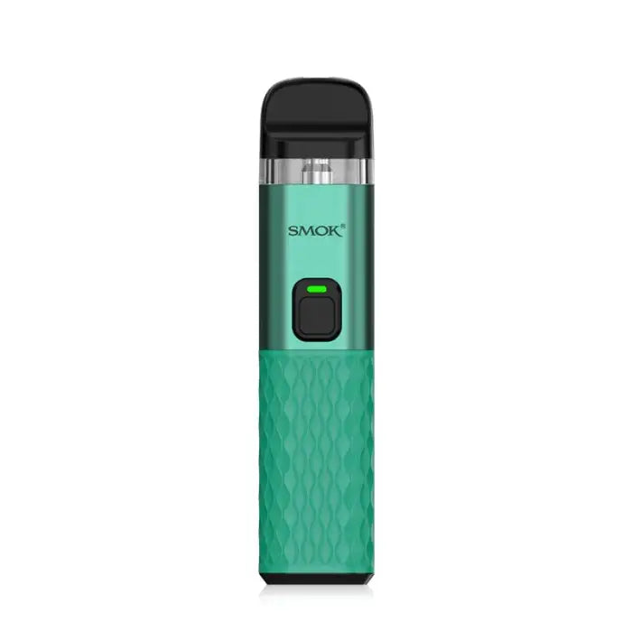 Teal-colored electronic cigarette or vape device with a black mouthpiece and display screen.